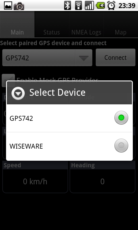 MAIN 화면에서 페어링된 블투 GPS를 선택할 수 있음